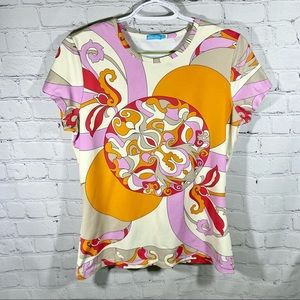 J. McLaughlin Tree Retro Design Short Sleeve Top M Catalina cloth